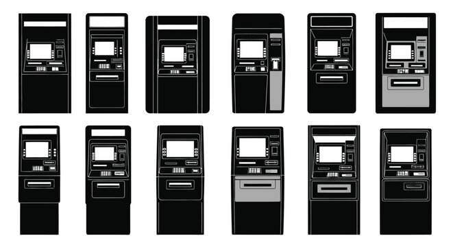 Diverse collection of automated teller machines in silhouette graphic style representing financial