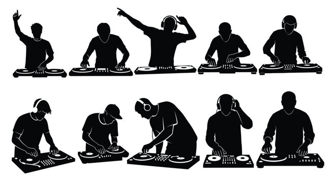 Diverse dj silhouettes performing music sets with turntables and mixers on a white background