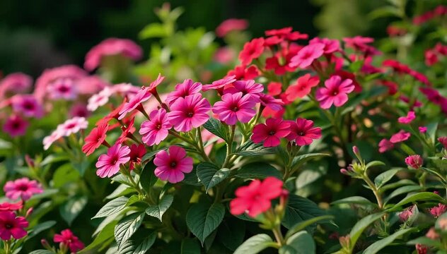 A backyard garden filled with mature garden phlox plants bearing abundant colorful blooms 
