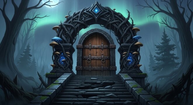 Enchanted archway and wooden door in a dark fantasy forest