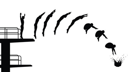 Sequence of diver's motion from springboard into water showing body positions during dive and splash