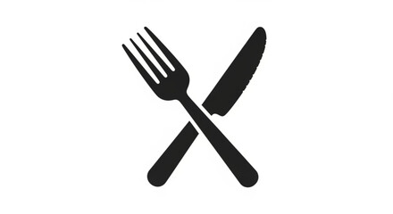 Crossed black fork and knife utensils on white background symbolizing food dining and meal preparation