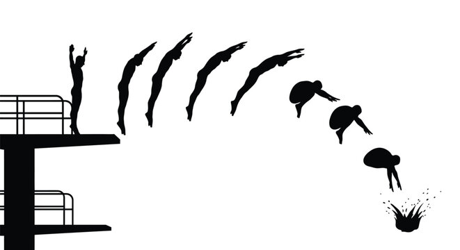 Sequence of diver's motion from springboard into water showing body positions during dive and splash