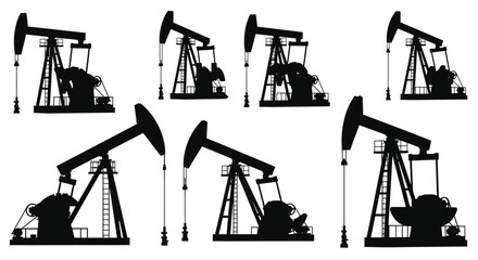 Silhouette illustrations of oil pump jacks set against a white background industrial equipment
