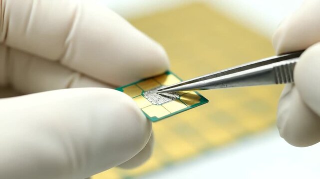 Gloved hands use precision tweezers to manipulate a tiny silicon die onto a smart chip contact module, demonstrating high-accuracy microelectronics assembly and quality control over an 8-second seque