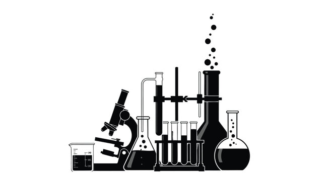Black and white illustration of laboratory equipment including beakers and a microscope