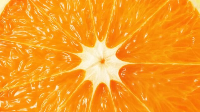 Juicy orange slice macro shot revealing its vibrant pulp and fresh texture in a mesmerizing probe lens perspective
