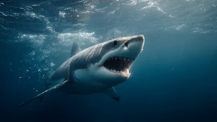 Fototapeta premium Great White Shark Swimming Underwater with Open Mouth and Sharp Teeth