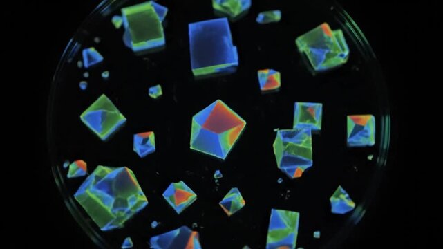 Microscopic footage shows vibrant, geometric crystals (appearing cubic and octahedral) dramatically growing and shifting within a liquid medium under polarized light, presenting a dynamic, abstract v