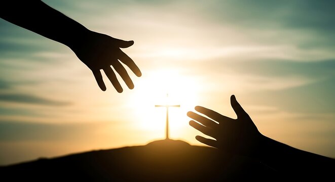 Silhouette of two helping hands reaching for Christian cross on hill at sunrise. Religious assistance and faith concept for Christian holiday.