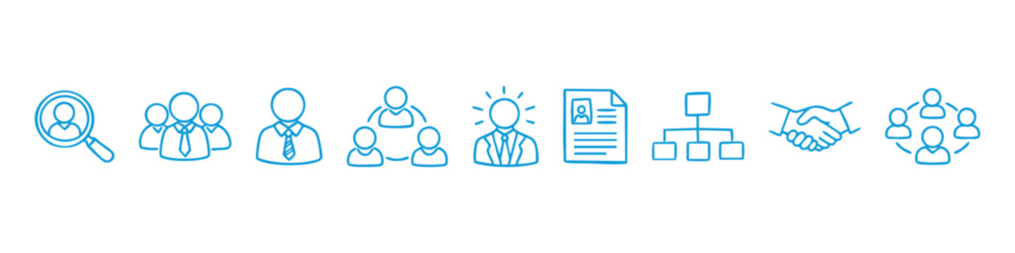 Human resources and recruitment icons banner featuring business leadership, teamwork, hiring, networking, and management symbols in line art style.