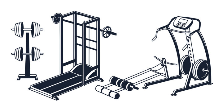 Black and white silhouette of gym equipment with treadmill and weights fitness