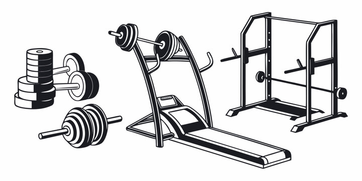 Black and white silhouette of gym equipment with treadmill and weights fitness 1