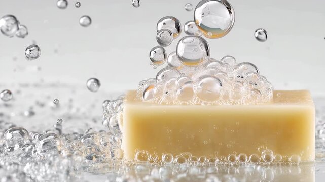 Macro bar soap covered in foamy lather as water bubbles rise and splash on clean white background