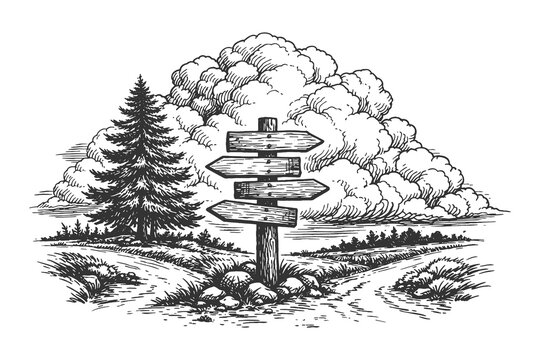 Rustic wooden directional signpost at a crossroad in a forest vector illustration, vintage hand drawn etching style travel and choice concept.