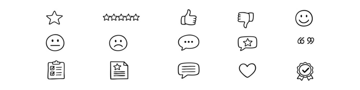 Set of hand-drawn customer feedback icons including stars, thumbs up, smiley faces, and speech bubbles. Ideal for reviews and satisfaction ratings.