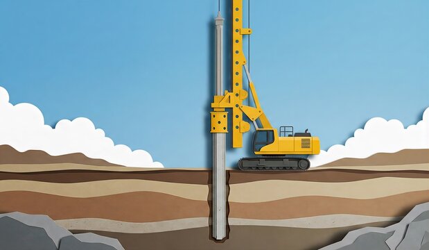 基礎工事の巨大な杭打ち機のペーパークラフト、耐震と地盤改良のイメージ（パイルドライバー・建設・土木）