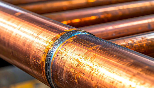 Row of laser-welded copper busbars in mass production. Industrial manufacturing background