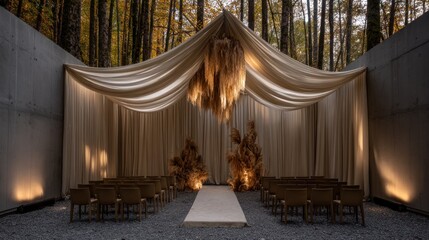 Wedding Ceremony Setup in Forest Clearing.
