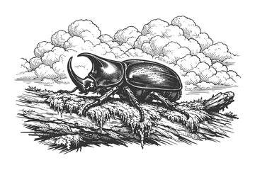 Detailed rhinoceros beetle on a log vector illustration in vintage hand drawn etching style, macro insect wildlife art for biology design. © Chairul