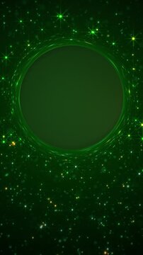 Shiny glittering green and gold stars and glowing particles. Glitzy celebration party animation. Suitable as an abstract luxury Saint Patrick's Day background with copy space for text or logo.