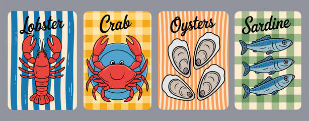 Obraz premium Seafood Poster Design with Lobster, Sardines, Oysters, and Crab Illustration, Vintage Coastal Restaurant Print for Market Menu, Fish Shop Advertising, and Nautical Wall Art