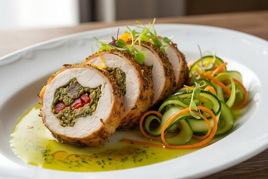 Herb-Stuffed Chicken Ballotine with Ribboned Zucchini & Carrot, Citrus-Herb Oil