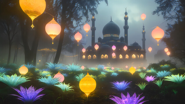 Magical Night Garden With Hanging Lanterns And Illuminated Minaret Silhouette Artwork