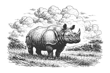 Majestic rhinoceros in savanna vector illustration in vintage hand drawn etching style, African rhino wildlife animal design for conservation concepts. © Chairul