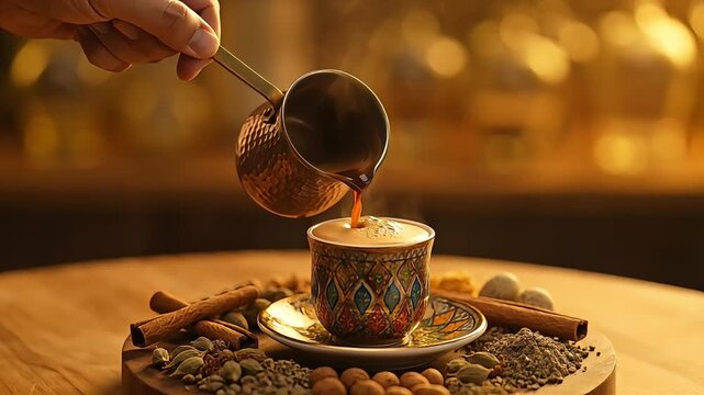 Closeup Hand pours steaming hot Turkish coffee from a copper cezve into a traditional patterned cup surrounded by aromatic spices