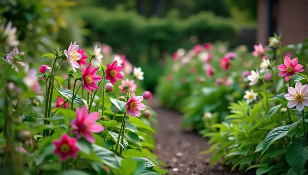 A backyard garden filled with mature hellebore plants bearing abundant colorful blooms 