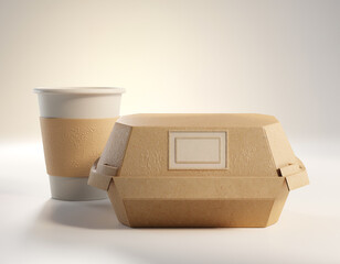 Brown kraft burger box with logo placeholder, matte paper cup, embossed texture, soft shadow studio lighting, premium sustainable brand identity, 3D render.
