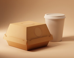 Brown kraft burger box with logo placeholder, matte paper cup, embossed texture, soft shadow studio lighting, premium sustainable brand identity, 3D render.
