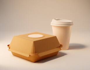 Brown kraft burger box with logo placeholder, matte paper cup, embossed texture, soft shadow studio lighting, premium sustainable brand identity, 3D render.
