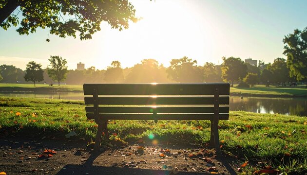 Serene park bench bathed in golden sunlight beside a calm lake at dawn
