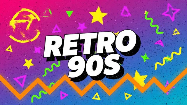 Retro 90s Title Card Animation with Colorful Geometric Shapes and Stars