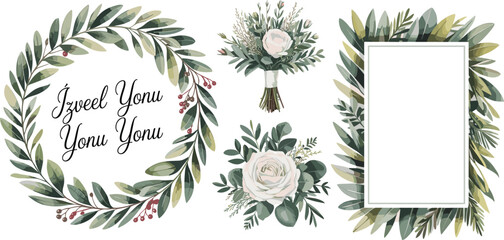 Elegant watercolor greenery wreath and floral frame set with white roses, eucalyptus leaves, and botanical elements for wedding invitation design template © Masuda