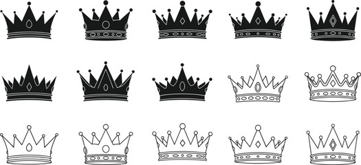 Crown icons set, royal king symbols, queen tiara silhouettes, majestic imperial headwear, luxury prize vectors, gold jewelry graphics, monarch authority illustrations, premium quality. © Razia