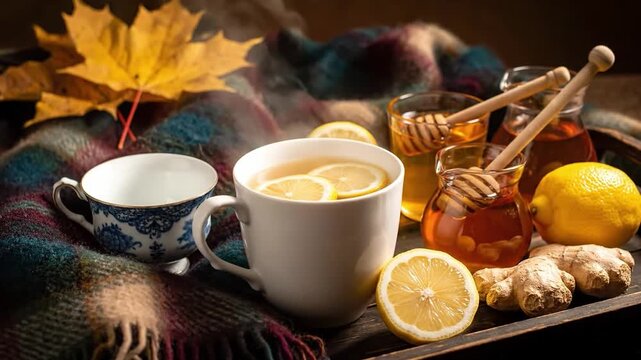 Warm still life of steaming lemon tea with honey ginger and lemons on a cozy plaid blanket for World Homeopathy Day