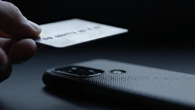 A hand performs a contactless payment, holding a white bank card near a dark smartphone's back camera area in low-key lighting, simulating an NFC transaction.