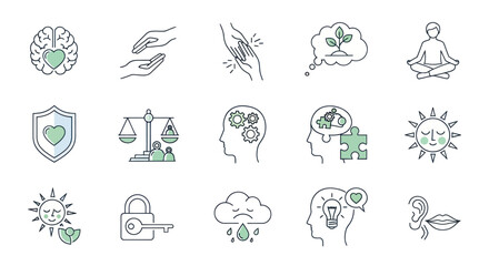 Mental Health, Wellbeing and Care Icons: Brain, Hands, Yoga, Puzzle, Sun