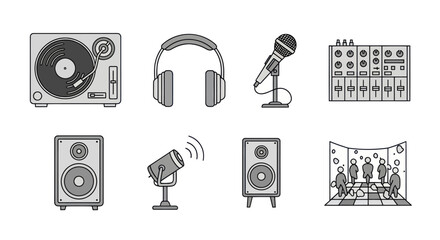 Music Production Equipment Icons Set: DJ Turntable, Headphones, Microphone, Mixer © Vleg