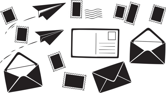 A collection of various mail and messaging icons on a white background vector silhouette