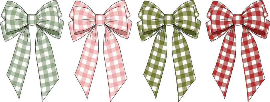 Set of colorful gingham check pattern ribbon bows with long tails isolated on white background for cottagecore fashion and gift wrap design.