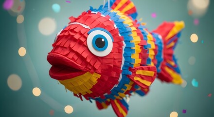 Fototapeta premium Colorful fish-shaped piñata hanging against a teal background with bokeh lights