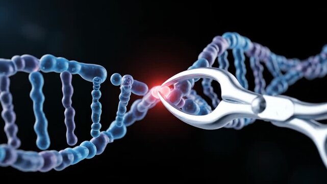 Precision gene editing 3D animation showing Cas9 protein cutting faulty DNA segment in red and inserting healthy blue DNA strand, CRISPR technology visualization