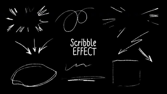 Hand Drawn Scribble Line Animation Effect, pencil sketch doodle arrows frames burst marks imperfect street style line art overlay, alpha channel transparent background in-out motion