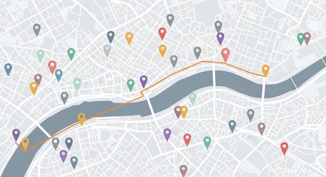 Navigating through a city map with various location markers along a river