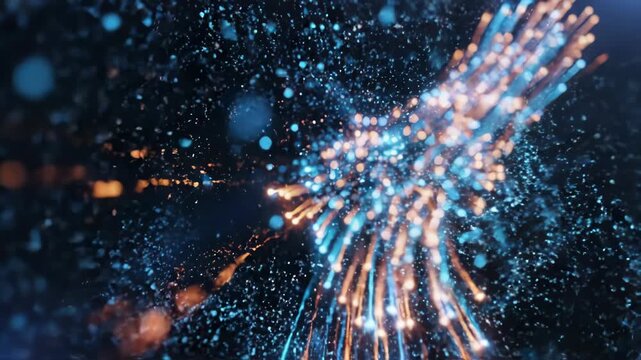 Vibrant blue and orange light trails forming a dynamic explosion