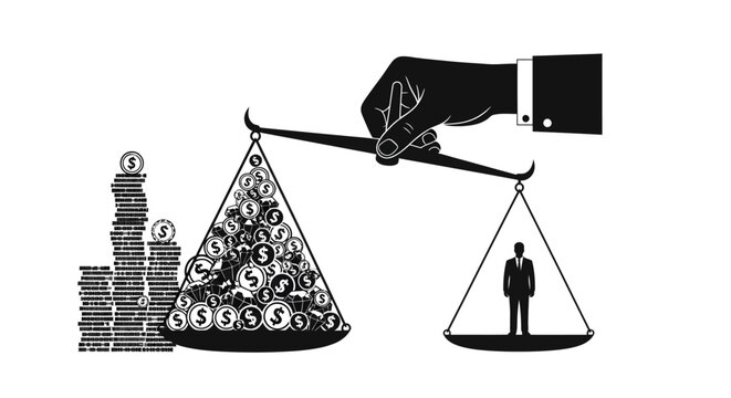 Description
Minimal conceptual illustration showing social inequality with a large hand holding an unbalanced scale comparing wealth and a single individual.